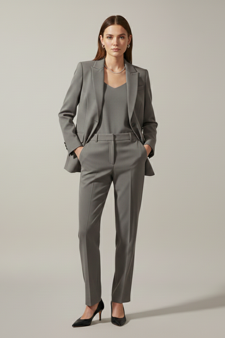 Women's Blazer and Pants Suit Set with Notched Lapel – Straight Leg Two Piece Workwear Suit