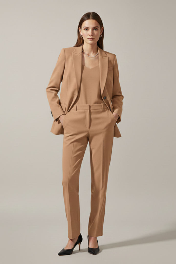 Women's Blazer and Pants Suit Set with Notched Lapel – Straight Leg Two Piece Workwear Suit