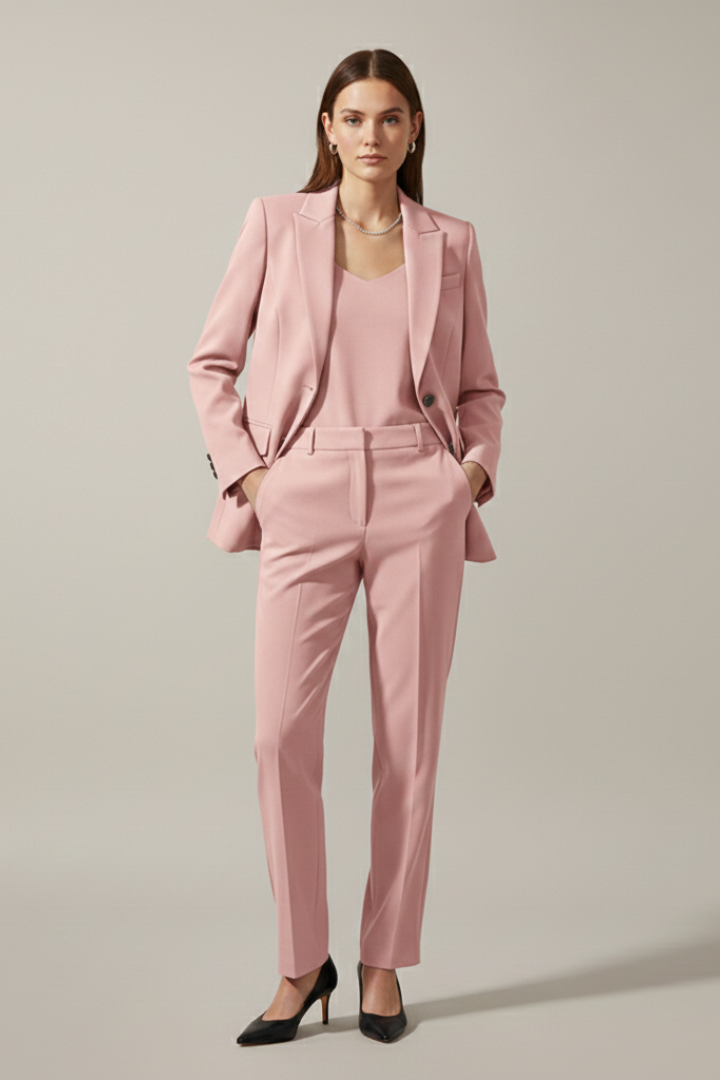 Women's Blazer and Pants Suit Set with Notched Lapel – Straight Leg Two Piece Workwear Suit
