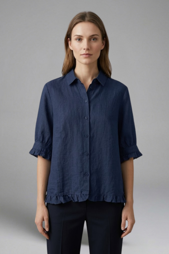 Women's Short Sleeve Collared Button Blouse with Ruffle Hem – Smart Casual Summer Top