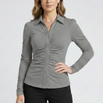 Women's Ruched Front Button Blouse with Collar & Long Sleeves – Smart Work Shirt