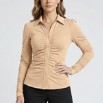 Women's Ruched Front Button Blouse with Collar & Long Sleeves – Smart Work Shirt