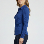Women's Ruched Front Button Blouse with Collar & Long Sleeves – Smart Work Shirt