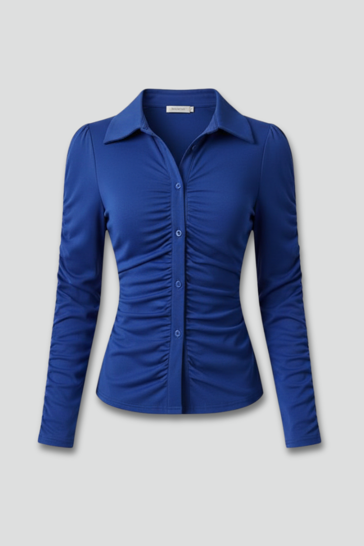 Women's Ruched Front Button Blouse with Collar & Long Sleeves – Smart Work Shirt