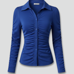 Women's Ruched Front Button Blouse with Collar & Long Sleeves – Smart Work Shirt