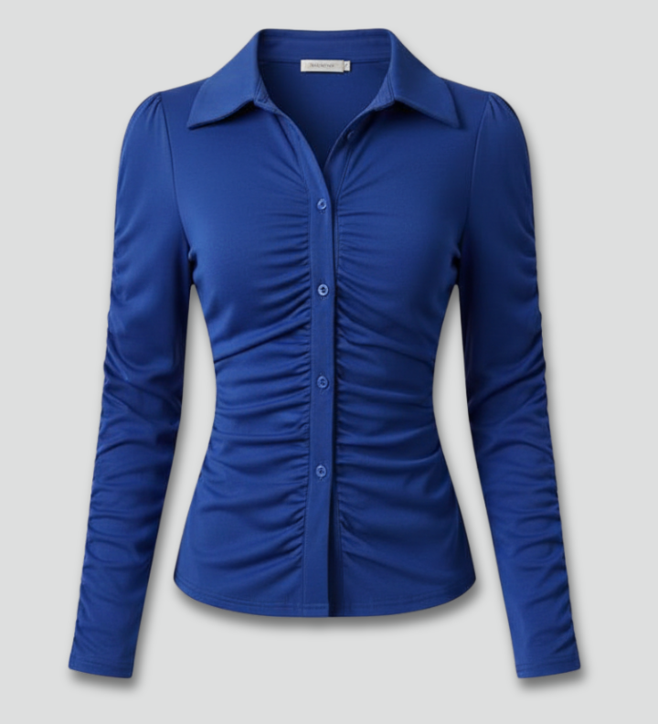 Women's Ruched Front Button Blouse with Collar & Long Sleeves – Smart Work Shirt