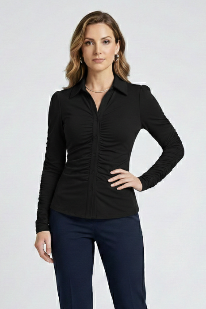 Women's Ruched Front Button Blouse with Collar & Long Sleeves – Smart Work Shirt