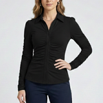 Women's Ruched Front Button Blouse with Collar & Long Sleeves – Smart Work Shirt