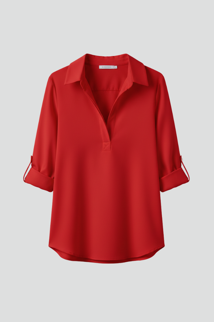 Women's Long Sleeve Button-Up Collared Blouse with Chest Pocket – Casual Workwear Shirt
