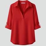 Women's Long Sleeve Button-Up Collared Blouse with Chest Pocket – Casual Workwear Shirt