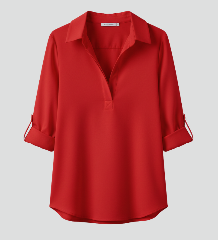 Women's Long Sleeve Button-Up Collared Blouse with Chest Pocket – Casual Workwear Shirt
