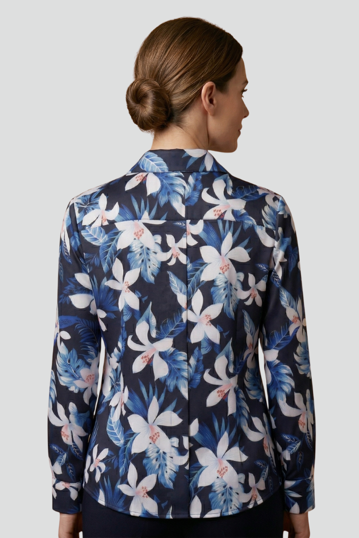 Women's Long Sleeve Button-Up Collared Blouse with Chest Pocket – Casual Workwear Shirt