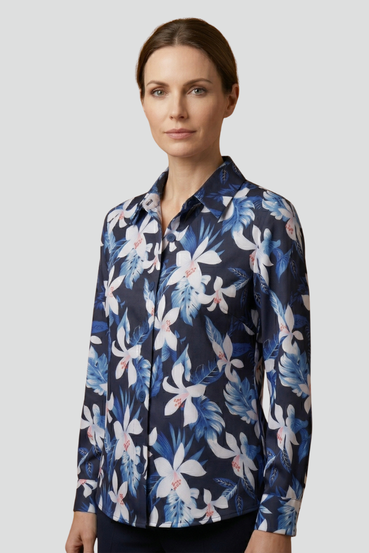 Women's Long Sleeve Button-Up Collared Blouse with Chest Pocket – Casual Workwear Shirt