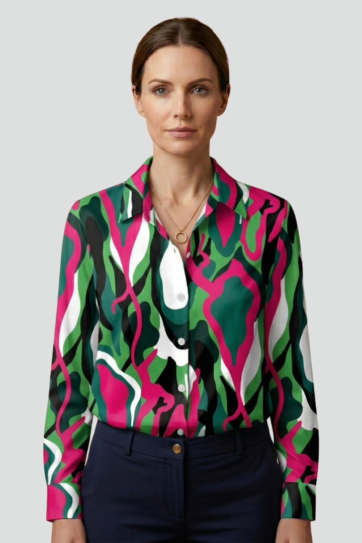 Women's Long Sleeve Button-Up Collared Blouse with Chest Pocket – Casual Workwear Shirt