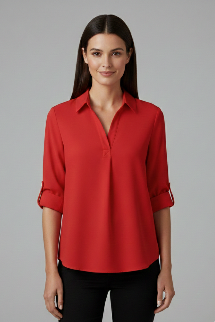 Women's Long Sleeve Button-Up Collared Blouse with Chest Pocket – Casual Workwear Shirt