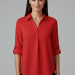 Women's Long Sleeve Button-Up Collared Blouse with Chest Pocket – Casual Workwear Shirt