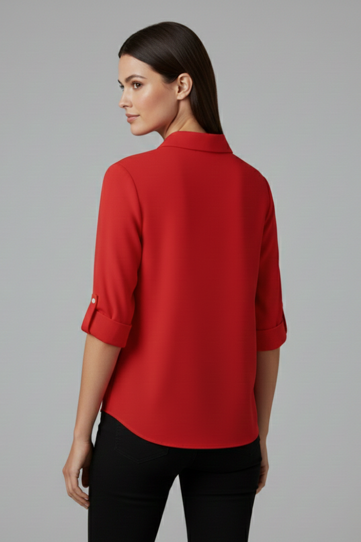 Women's Long Sleeve Button-Up Collared Blouse with Chest Pocket – Casual Workwear Shirt