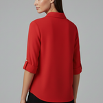 Women's Long Sleeve Button-Up Collared Blouse with Chest Pocket – Casual Workwear Shirt