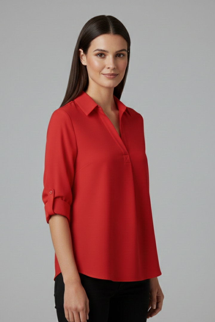 Women's Long Sleeve Button-Up Collared Blouse with Chest Pocket – Casual Workwear Shirt
