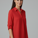 Women's Long Sleeve Button-Up Collared Blouse with Chest Pocket – Casual Workwear Shirt