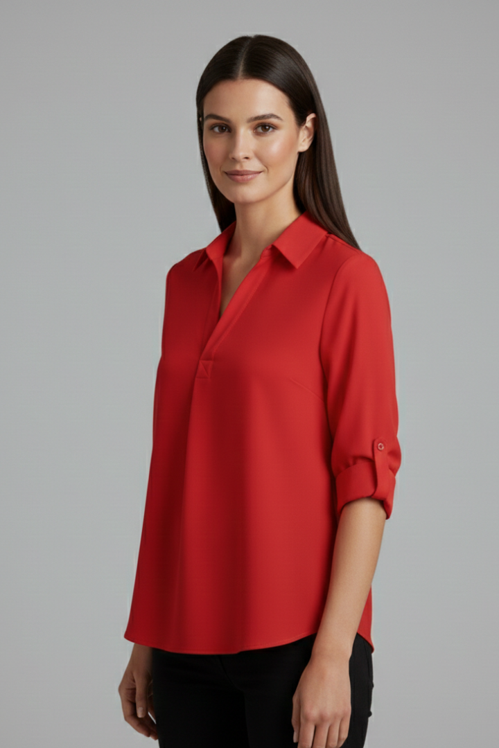 Women's Long Sleeve Button-Up Collared Blouse with Chest Pocket – Casual Workwear Shirt