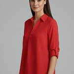 Women's Long Sleeve Button-Up Collared Blouse with Chest Pocket – Casual Workwear Shirt