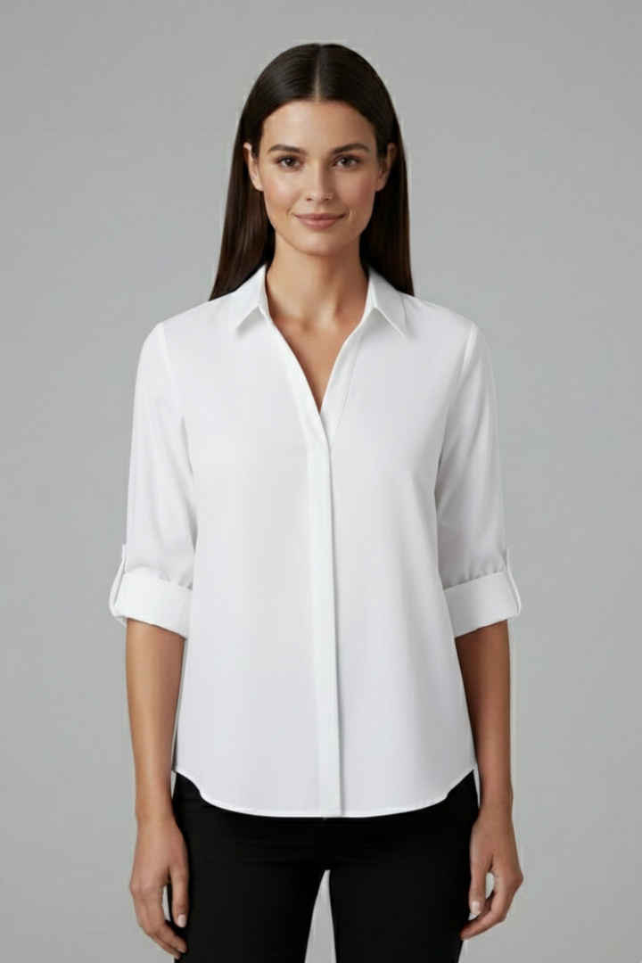 Women's Long Sleeve Button-Up Collared Blouse with Chest Pocket – Casual Workwear Shirt