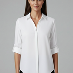 Women's Long Sleeve Button-Up Collared Blouse with Chest Pocket – Casual Workwear Shirt