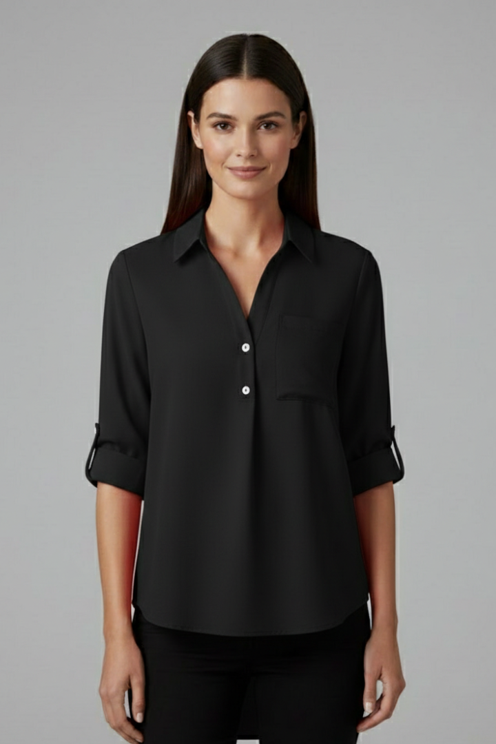 Women's Long Sleeve Button-Up Collared Blouse with Chest Pocket – Casual Workwear Shirt