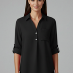 Women's Long Sleeve Button-Up Collared Blouse with Chest Pocket – Casual Workwear Shirt