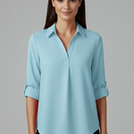 Women's Long Sleeve Button-Up Collared Blouse with Chest Pocket – Casual Workwear Shirt