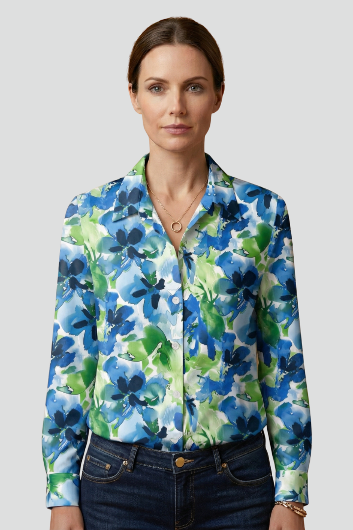 Women's Long Sleeve Button-Up Collared Blouse with Chest Pocket – Casual Workwear Shirt