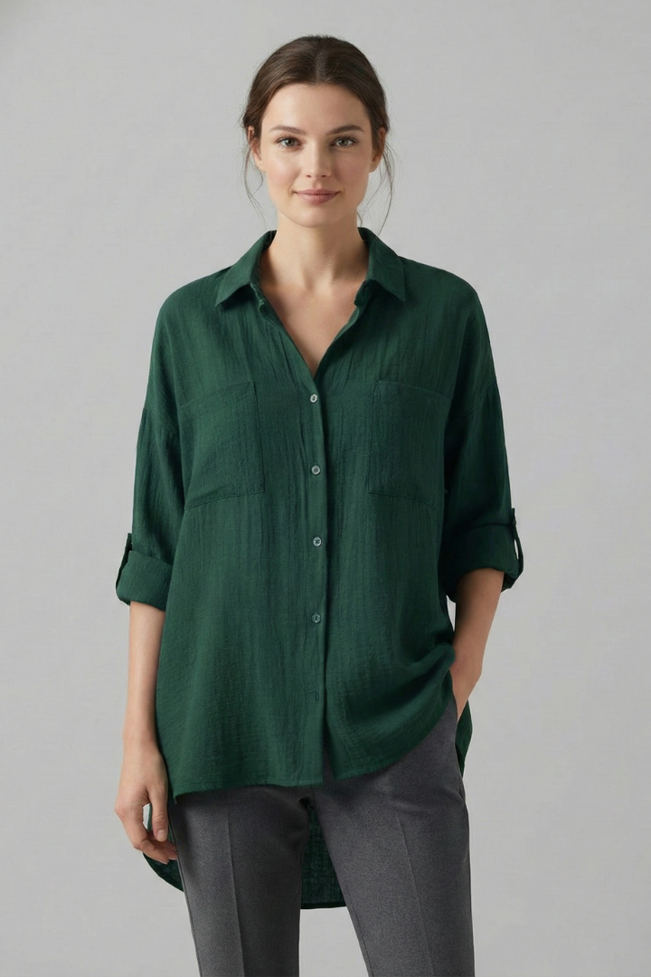 Women's Collared Button-Up Blouse with Long Sleeves – Curved Hem Shirt for Work