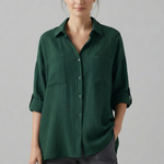 Women's Collared Button-Up Blouse with Long Sleeves – Curved Hem Shirt for Work