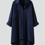 Women's Collared Button-Up Blouse with Long Sleeves – Curved Hem Shirt for Work