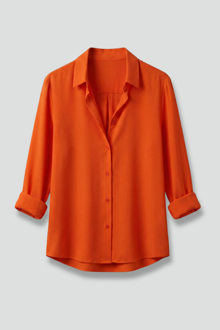 Women's Collared Button-Up Blouse with Long Sleeves – Curved Hem Shirt for Work