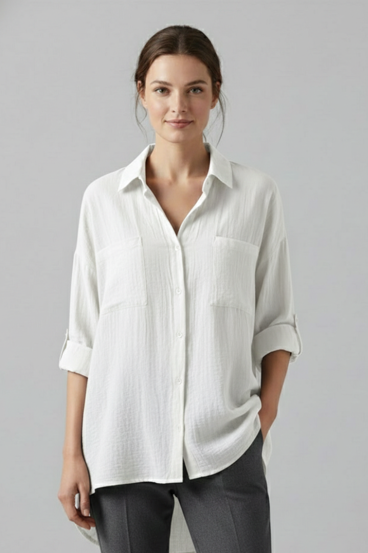 Women's Collared Button-Up Blouse with Long Sleeves – Curved Hem Shirt for Work