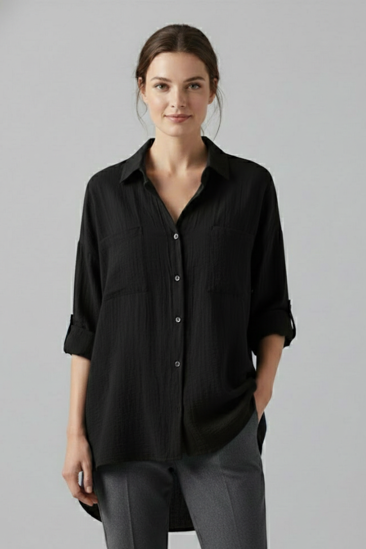 Women's Collared Button-Up Blouse with Long Sleeves – Curved Hem Shirt for Work
