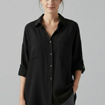 Women's Collared Button-Up Blouse with Long Sleeves – Curved Hem Shirt for Work