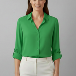 Women's Long Sleeve Collared Button Front Blouse with Rolled Cuffs – Workwear Shirt