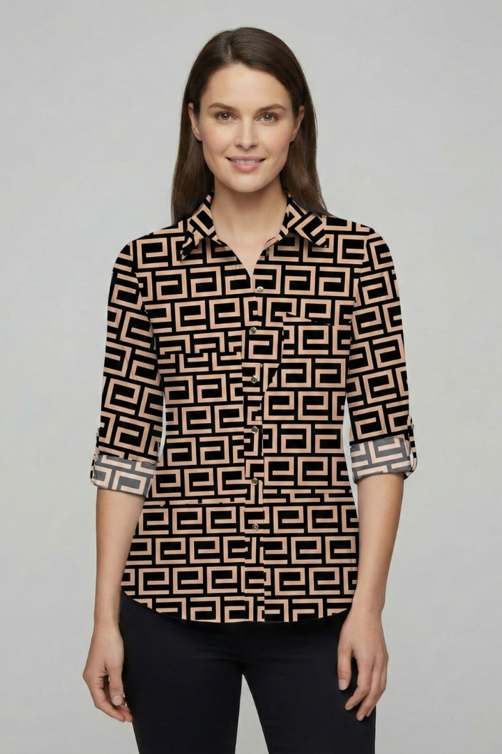 Women's Long Sleeve Collared Button Front Blouse with Rolled Cuffs – Workwear Shirt