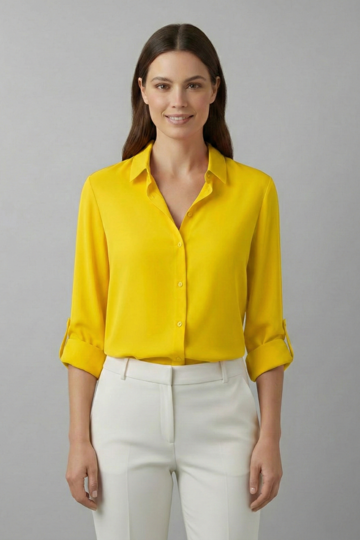 Women's Long Sleeve Collared Button Front Blouse with Rolled Cuffs – Workwear Shirt