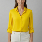 Women's Long Sleeve Collared Button Front Blouse with Rolled Cuffs – Workwear Shirt