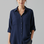 Women's Collared Button-Up Blouse with Long Sleeves – Curved Hem Shirt for Work