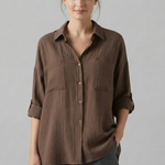 Women's Collared Button-Up Blouse with Long Sleeves – Curved Hem Shirt for Work