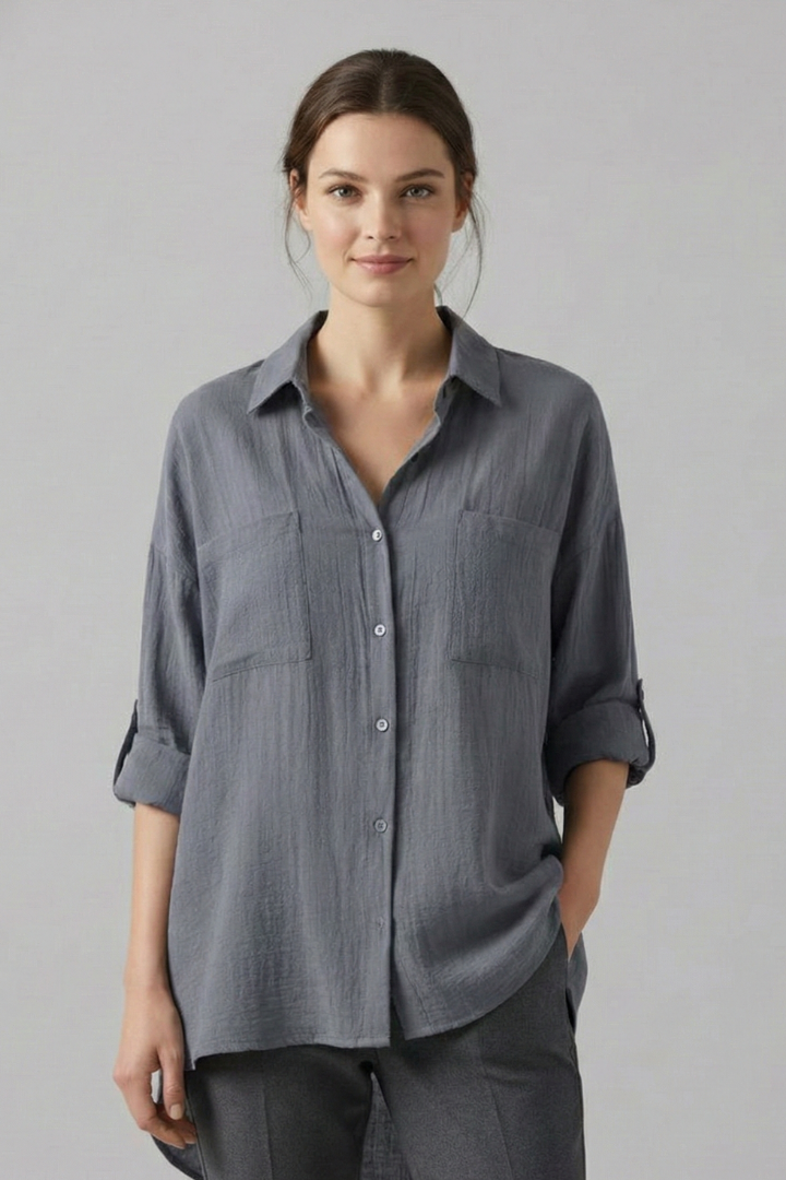 Women's Collared Button-Up Blouse with Long Sleeves – Curved Hem Shirt for Work