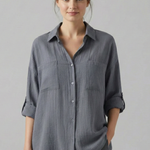 Women's Collared Button-Up Blouse with Long Sleeves – Curved Hem Shirt for Work