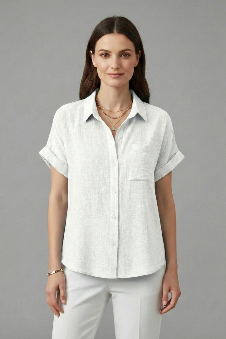 Women's Collared Button-Front Blouse – Short Sleeve Shirt with Chest Pocket