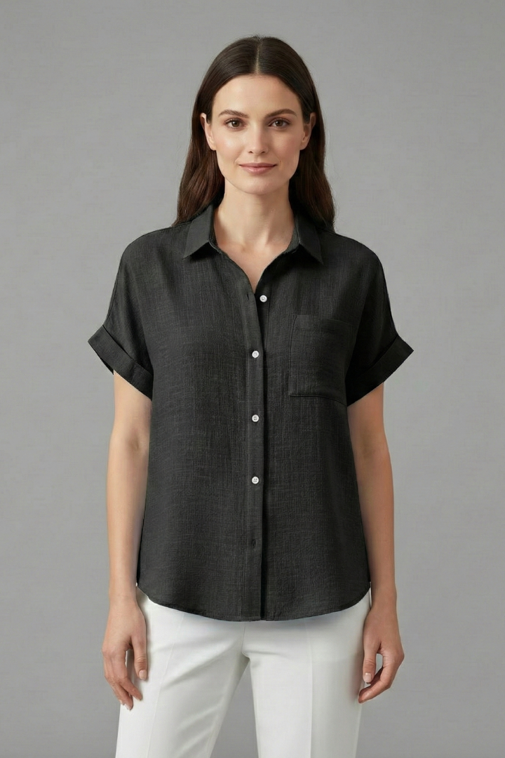 Women's Collared Button-Front Blouse – Short Sleeve Shirt with Chest Pocket