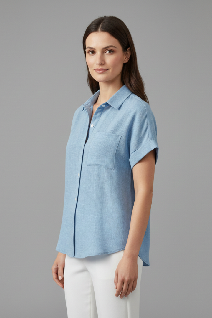 Women's Collared Button-Front Blouse – Short Sleeve Shirt with Chest Pocket